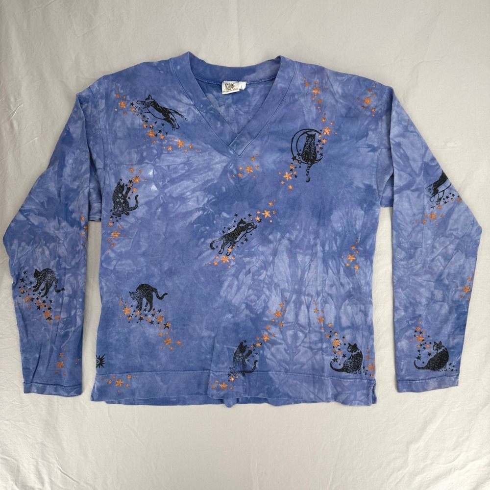 Daydream Batik Blue Tie Dye Cat Star 100% Cotton Long Sleeve Shirt L USA Made